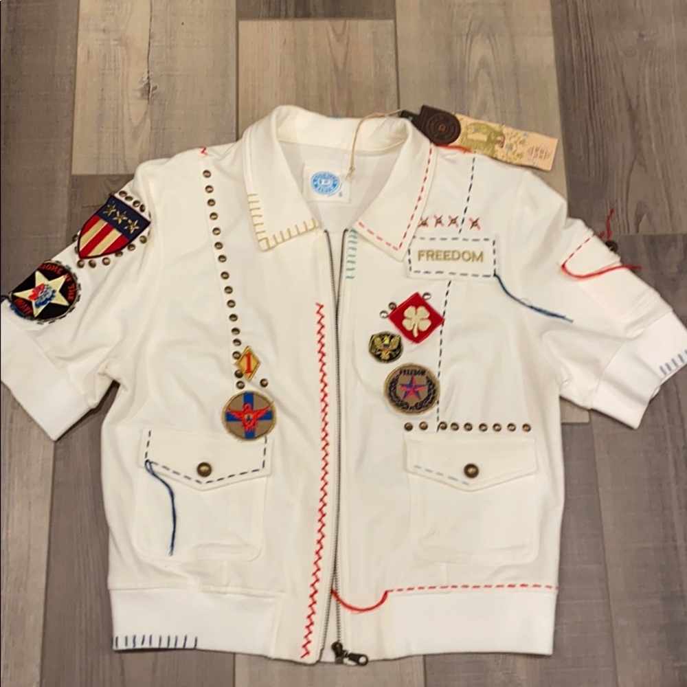 Double D Ranch White Embroidered Americana French Terry Bomber Jacket